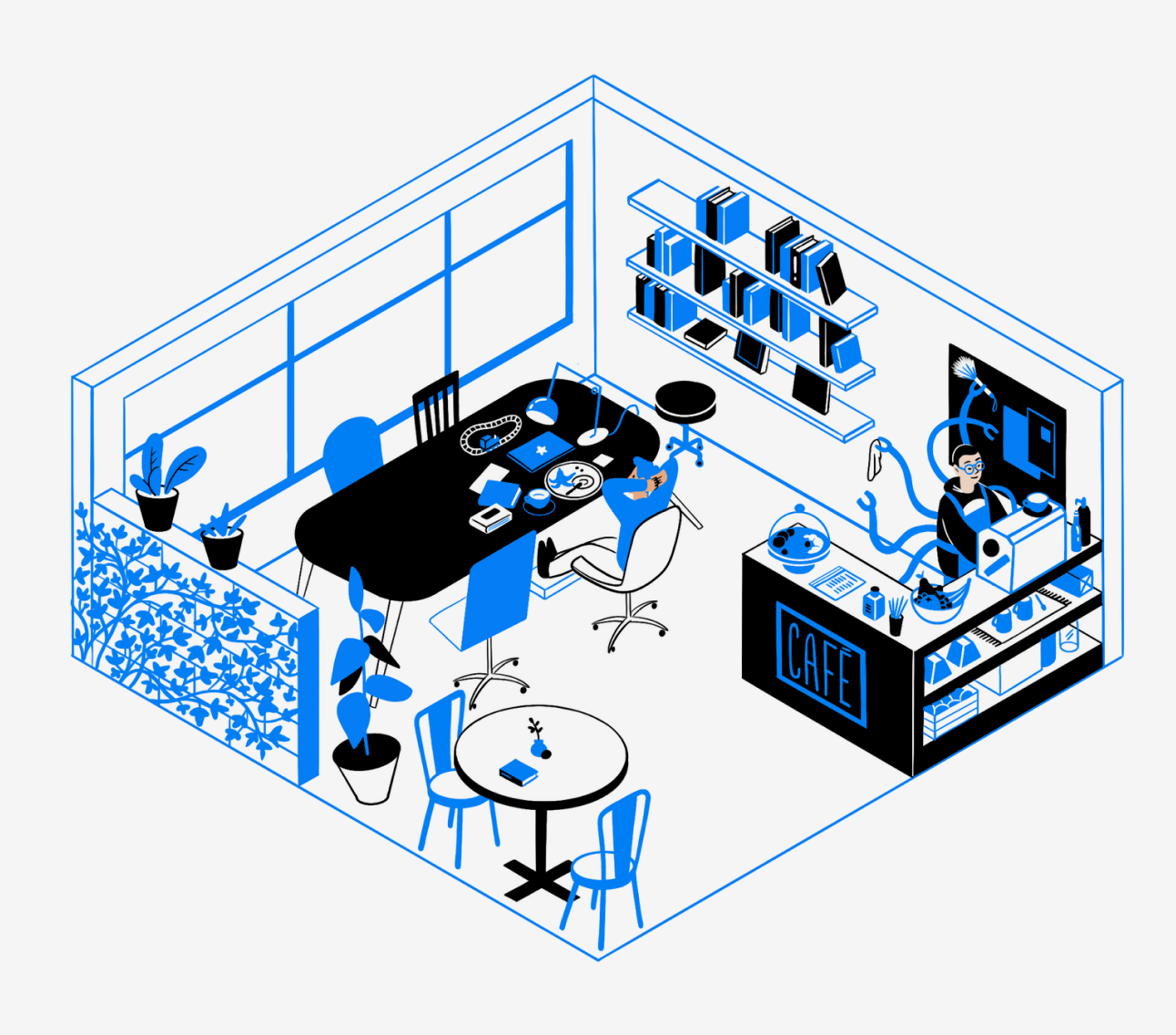Interior of a cozy coffee shop with customers enjoying their drinks